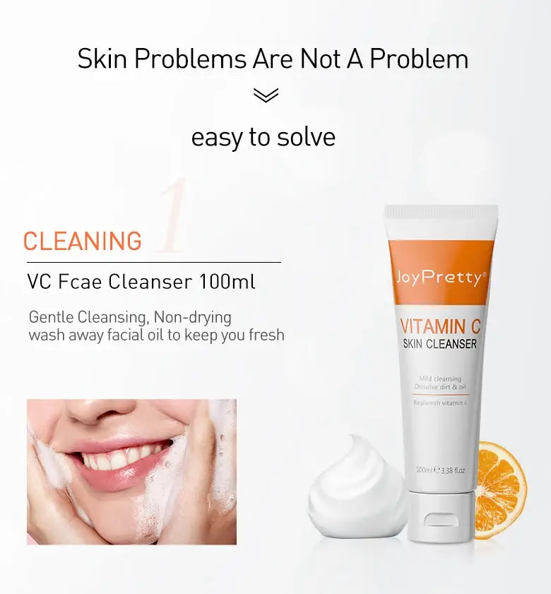 JoyPretty Vitamin C Face Skin Care Kit 5Pcs Whitening Cream for Dark Skin Serum Cleanser Facial Skin Lightening