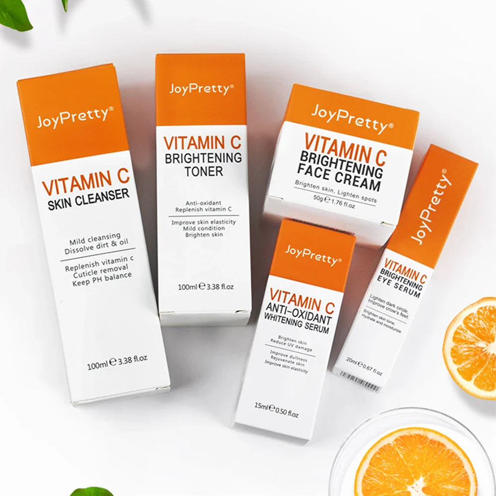 JoyPretty Vitamin C Face Skin Care Kit 5Pcs Whitening Cream for Dark Skin Serum Cleanser Facial Skin Lightening